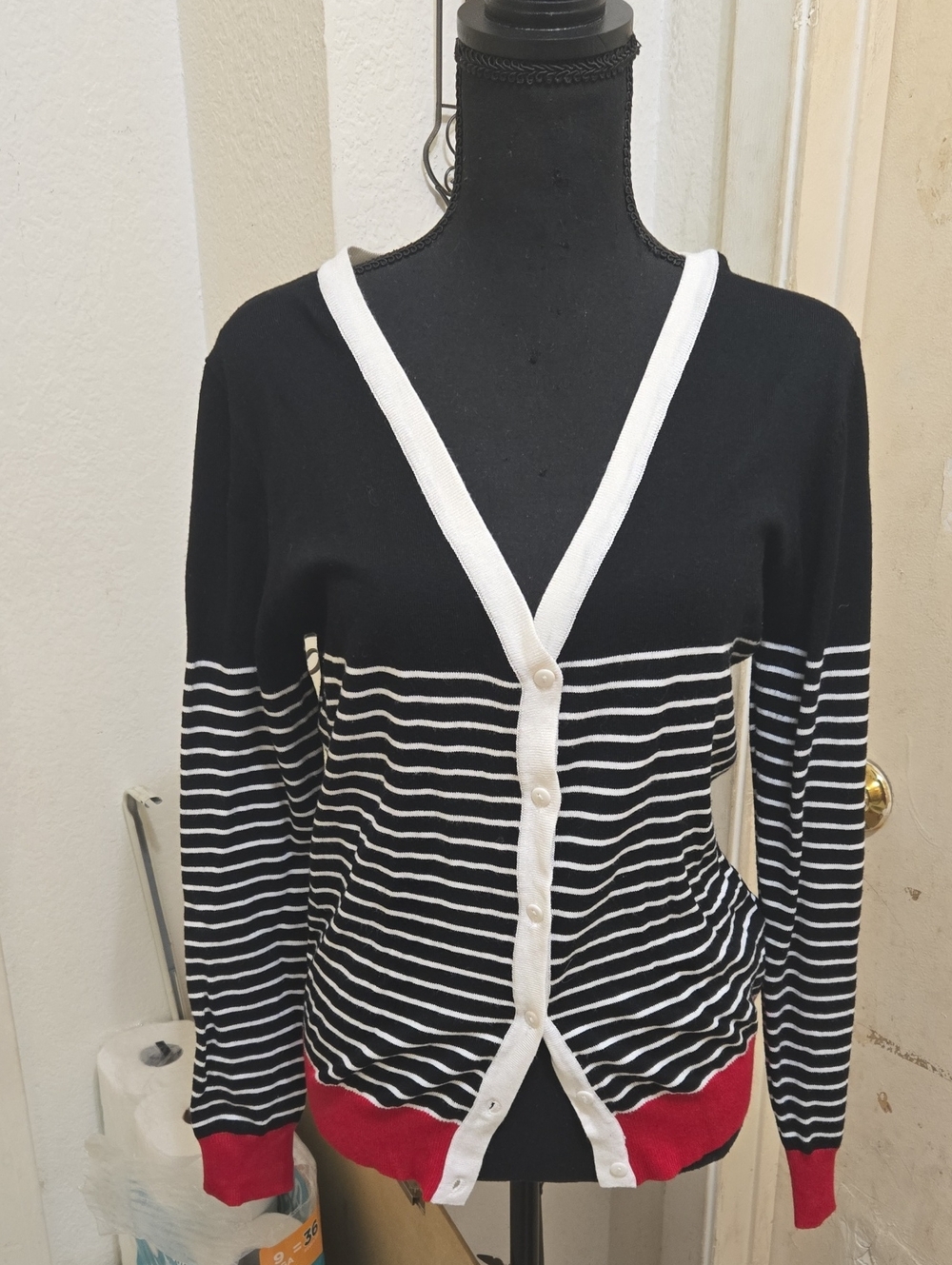 Cielo Black & White Striped V-Neck Cardigan with Red Hem